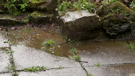 Slow-Motion-Raindrops-in-Puddle-on-Stone-Patio