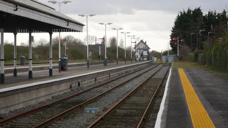 Verlassener-Bahnhof-Mit-Mehreren-Gleisen-Und-Einem-Signalturm,-Vor-Der-Kulisse-Von-Bäumen-Und-Bewölktem-Himmel