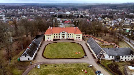 Durbe-castle-in-aerial-panoramic-view-on-an-overcast-day