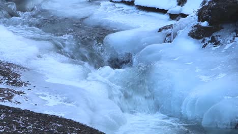 Schnell-Fließender-Fluss,-Der-über-Eisbedeckte-Felsen-Fließt