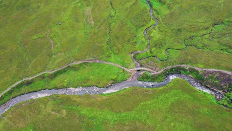 Aerial-Birdseye-View-of-River-Brittle-and-the-Fairy-Pools-on-Isle-of-Skye-in-Scottish-Highlands,-Scotland