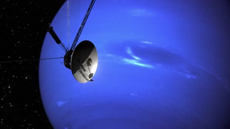 Hochwertiges-Und-Sehr-Detailliertes-CGI-Rendering-Einer-Langsamen,-Gleichmäßigen-Umlaufbahnaufnahme-Der-Sonde-Voyager-2-Beim-Vorbeiflug-Am-Planeten-Neptun-An-Den-Rändern-Des-Sonnensystems