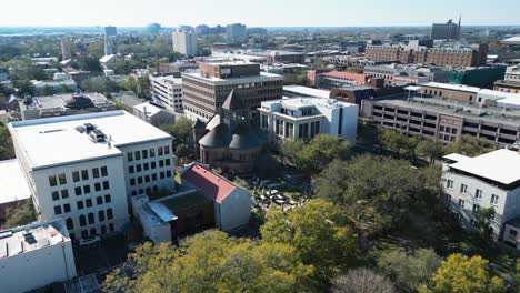 A-drone-shot-of-the-circular-church-in-downtown-charleston-south-carolina