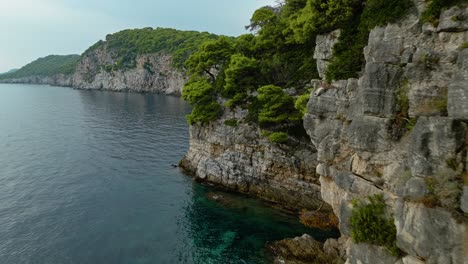Kalamota-Island,-Adriatic-Sea,-Croatia---Clear-blue-Waters-Meet-a-Rugged-Shoreline-Beneath-Cliffs-Covered-in-Vegetation---Drone-Flying-Forward