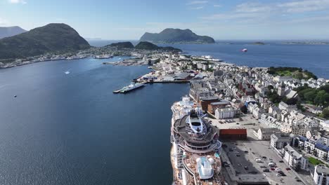 Aerial-View-of-Alesund,-Norway,-Scenic-Port-Town-and-Fjords-Between-Islands,-Drone-Shot-60fps