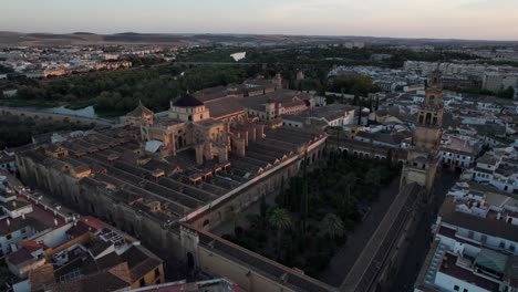 aerial-view-of-mosque-cathedral-of-Cordoba,-spain-during-dusk