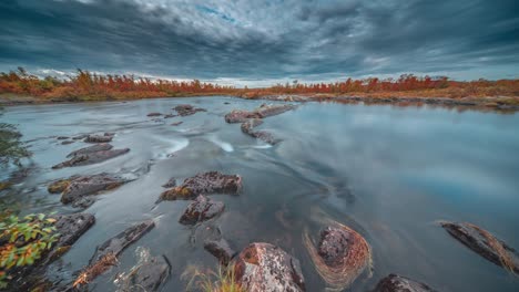 Rápidos-En-Un-Río-Poco-Profundo-Con-Bancos-Cubiertos-De-Bosques-En-La-Tundra-De-Aleteo