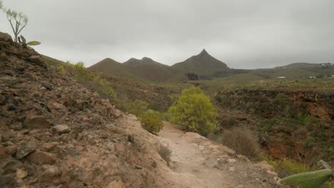 Hiking-trail-in-dry-rocky-volcanic-landscape-of-southern-Tenerife-in-spring-with-green-shrubs,-Canary-Islands,-Spain