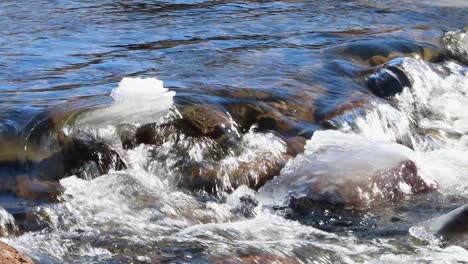Ein-Klarer-Fluss,-Der-Im-Frühjahr-über-Eis--Und-Schneebedeckte-Felsen-Fließt
