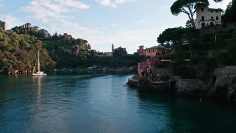 Quaint-Portofino-seaside-village-basking-in-sunset-light,-Liguarian-Coast