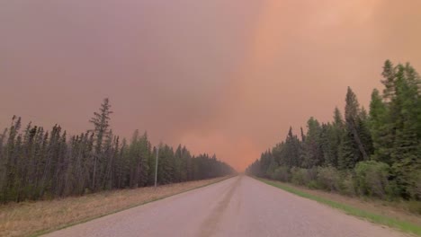 POV-Disparó-Un-Auto-Conduciendo-Por-Un-Camino-De-Tierra-Dentro-De-Un-Bosque-Con-Nubes-De-Fuego-En-El-Cielo