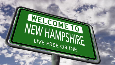 Welcome-to-New-Hampshire,-USA-State-Road-Sign,-Live-Free-or-Die-Slogan,-Realistic-3d-Animation