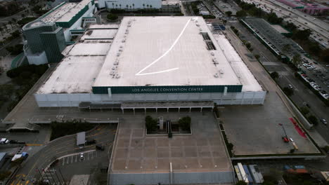 Los-Angeles-USA,-Aerial-View-of-Convention-Center-Hall-Building-and-Traffic-on-CA-110-Highway