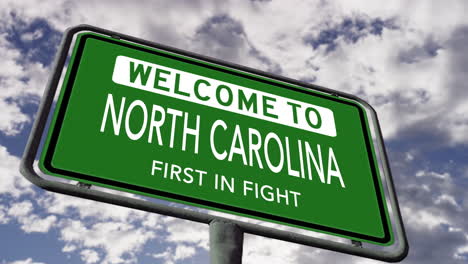 Welcome-to-North-Carolina,-USA-State-Road-Sign,-First-in-Fight,-Realistic-3d-Animation