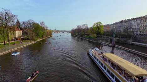 One-of-the-canals-in-Prague,-Czech-Republic-leading-into-the-Vltava-River