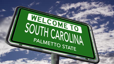 Welcome-to-South-Carolina,-USA-Road-Sign,-Palmetto-State-Nickname,-Realistic-3d-Animation