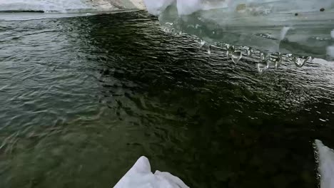 An-unfrozen-river-flows,-an-ice-floe-melts-over-the-river