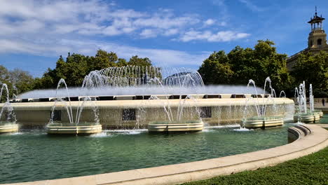 Slow-Motion,-Magic-Fountain,-Landmark-of-Barcelona-Spain-on-Sunny-Summer-Day