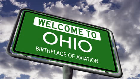 Welcome-to-Ohio,-USA-State-Road-Sign,-Birthplace-of-Aviation-Nickname,-Realistic-3d-Animation