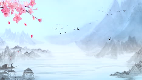 China's-traditional,-Chinese-painting-ink-in-the-mountains-with-flowers,-tree,-birds,-and-river-in-fog-background-artwork