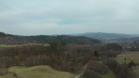 Toma-Aérea-Hacia-Atrás-Del-Paisaje-Forestal-Montañoso-Durante-El-Día-Nublado-En-Polonia