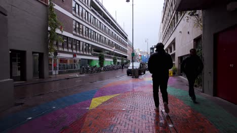 POV-Caminando-Por-Una-Calle-En-Ámsterdam-Con-Una-Acera-Pintada-Con-Arte-Callejero-De-Arcoíris