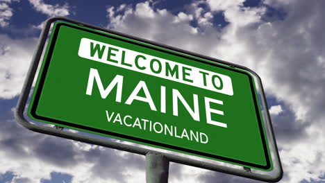 Willkommen-In-Maine,-US-Staatsstraßenschild,-Urlaubsland-Spitzname,-Realistische-Animation