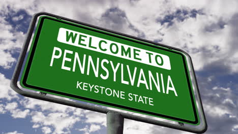 Welcome-to-Pennsylvania,-USA-State-Road-Sign,-Keystone-State-Nickname,-Realistic-3d-Animation