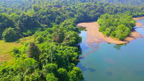 Río-Talpona-Que-Fluye-En-Medio-De-Un-Bosque-Verde-En-Un-Día-Soleado-Goa-India-4k-Drone