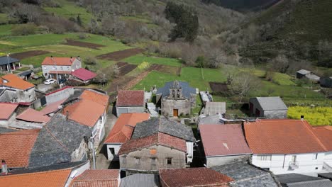Aerial-View-of-Rural-Galician-Church-and-Town,-vilar-de-barrio,-ourense,-spain