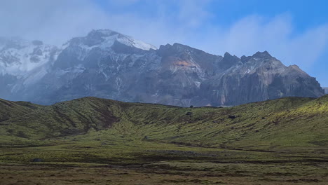 Isländisches-Landschaftspanorama,-Schneebedeckte-Hügel-Und-Grüne-Welsfelder-An-Bewölkten-Tagen