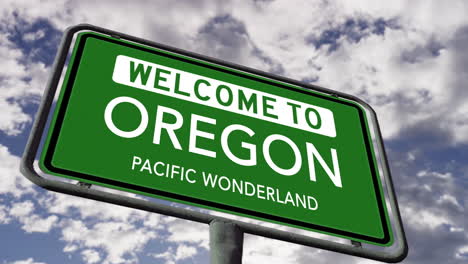 Welcome-to-Oregon,-USA-State-Road-Sign,-Pacific-Wonderland-Nickname,-Realistic-3d-Animation