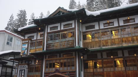 Snow-covered-scene-in-Tohoku-Japan,-Winter-view-of-Ginzan-Onsen