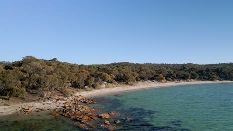 Rocks-In-Sea-On-Sandy-Shore-With-Dense-Vegetation-In-Freycinet-Peninsula,-Tasmania,-Australia