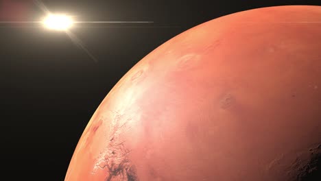 Close-up-of-Mars-planet-rotating-and-the-sun-in-distance