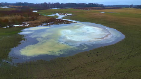 Luftaufnahme-Der-Lettischen-Landschaft,-Gefrorenes-Leck-Aus-Laubwald