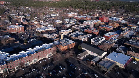 Flagstaff-Arizona-USA,-Drone-Shot-of-Downtown-Buildings-on-Sunny-WInter-Day