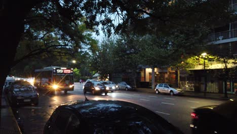 Nachtbus-Fährt-Schnell-Auf-Der-Argentine-Avenue-In-Buenos-Aires,-Lateinamerikanischer-öffentlicher-Nahverkehr-In-Grüner-Städtischer-Umgebung