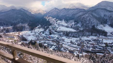 Snowy-Landscape-of-Yamagata-Prefecture-Japan,-Seen-from-Yamadera-Temple-in-Winter