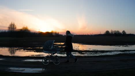 Woman-walk-with-baby-carriage-during-dark-moody-sunset-near-flooded-field