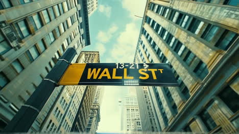 WALL-STREET-ANIMATION-Spelled-AND-Written-Street-Sign-in-the-Middle-of-Manhattan,-New-York,-with-a-Large-Building-Background