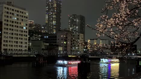 Escena-Nocturna-En-Japón-Barco-Navegando-Ookagawa-Paseo-Río-Paisaje-Urbano-Noche-En-Yokohama,-Reflejo-De-Agua-A-Lo-Largo-De-Cerezos-En-Flor-Sakura