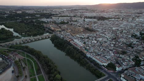 panoramic-aerial-view-of-Cordoba,-Spain-during-blue-hour