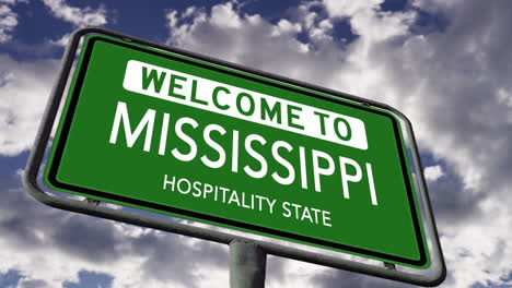 Welcome-to-Mississippi,-USA-Road-Sign,-Hospitality-State-Nickname,-Realistic-3d-Animation