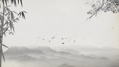 China's-traditional,-Chinese-painting-ink-in-the-mountains-with-flowers,-tree,-birds,-and-river-in-fog-background-artwork