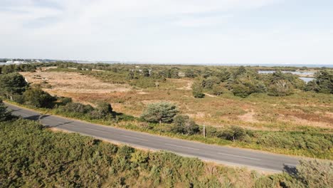Low-flying-drone-footage-over-heathland-and-water