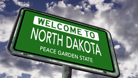 Welcome-to-North-Dakota,-USA-Road-Sign,-Peace-Garden-State-Nickname,-Realistic-3d-Animation
