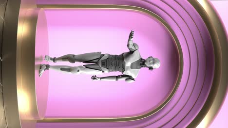 AI-robot-on-product-display-podium-with-pink-background,-vertical