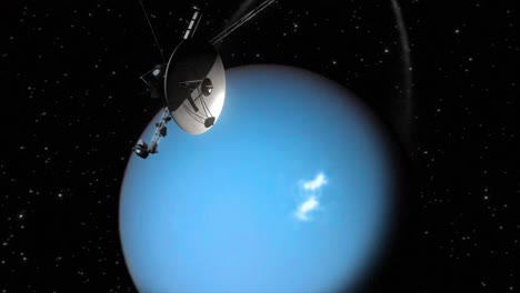 Hochwertiges-Und-Sehr-Detailliertes-CGI-Rendering-Einer-Langsamen,-Gleichmäßigen-Umlaufbahnaufnahme-Der-Sonde-Voyager-2-Beim-Vorbeiflug-Am-Planeten-Uranus,-Der-Im-Hintergrund-Mit-Seinen-Leuchtenden-Ringen-Zu-Sehen-Ist.