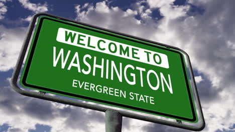 Welcome-to-Washington,-USA-Road-Sign,-Evergreen-State-Nickname,-Realistic-3d-Animation